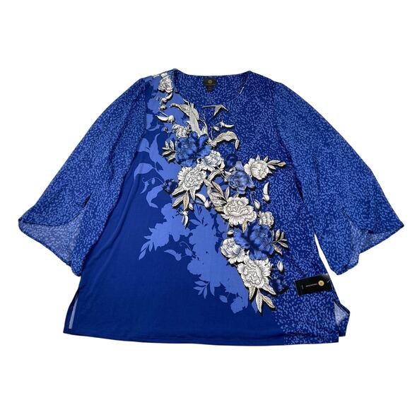 JM Collection Top Women Plus 2X Blue Kona Bloom Floral Rhinestones Sheer Sleeves - Picture 1 of 15